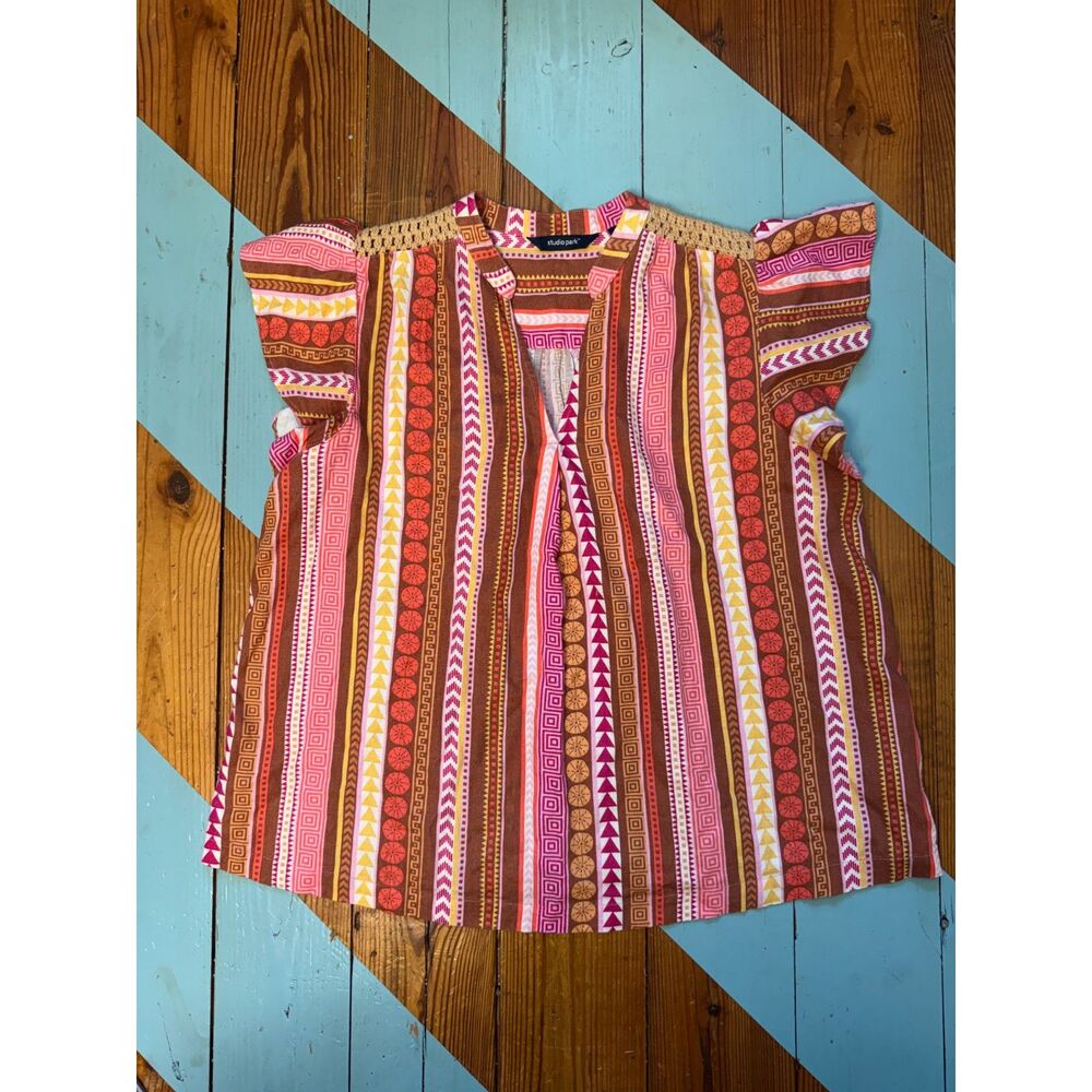 Studio Park Boho Printed Blouse Crochet Shoulder Detail Linen Blend Top - Picture 2 of 6